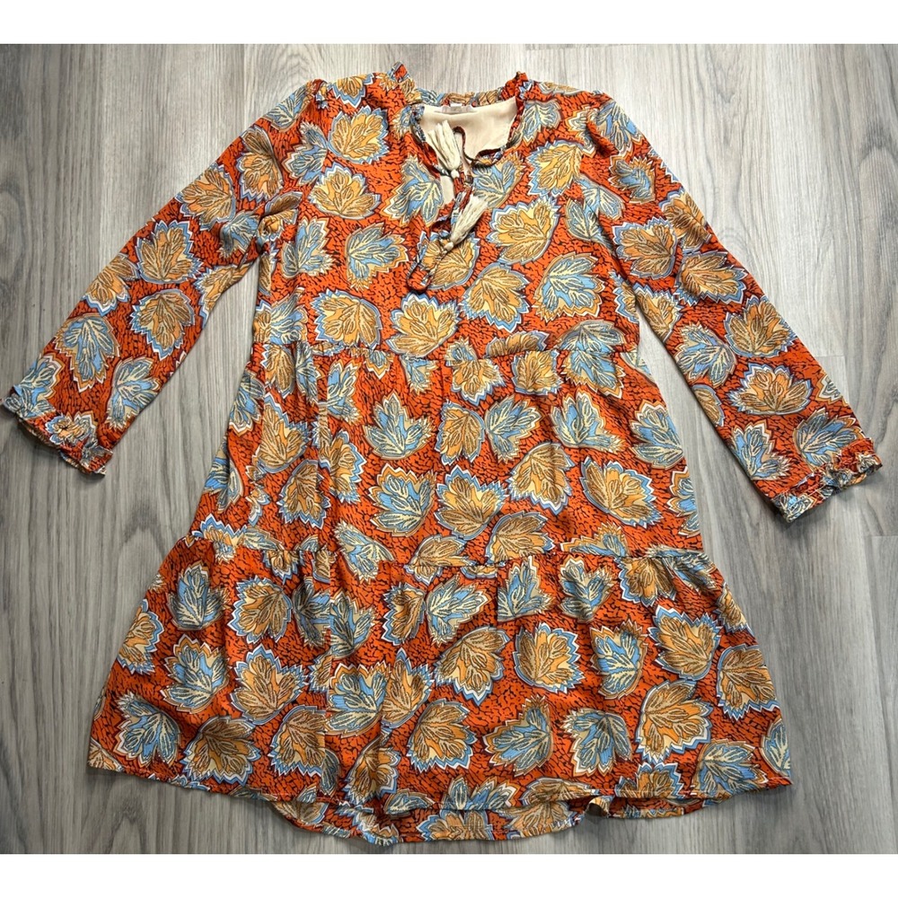 THML Floral Print Tie Neck Tiered Ruffle Mini Dress Orange Blue‎ Womens Size S